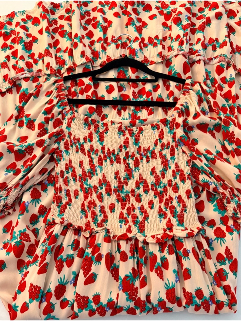 Betsey Johnson Flowy Strawberry & Raspberry Print Smocked Maxi Dress, Size S - Picture 8 of 12